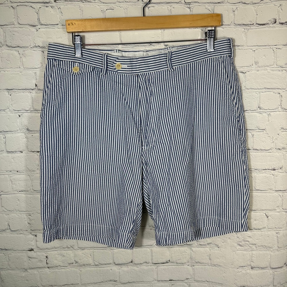 Polo Golf Ralph Lauren Mens 35 Seersucker Shorts Blue White Striped Cotton Flat